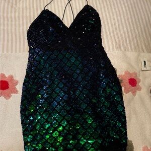 Sequin Halter Dress in Blue and Green